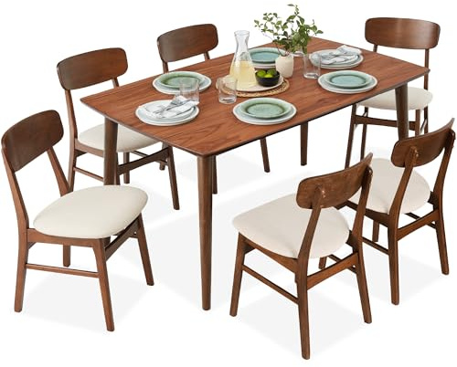 Best Choice Products 7-Piece Wooden Dining Room Table Set, Mid-Century Modern, Kitchen Table w/ 6 Chairs, Upholstered Cushions, Curved Backrests, Rounded Table Corners - Walnut/Cream