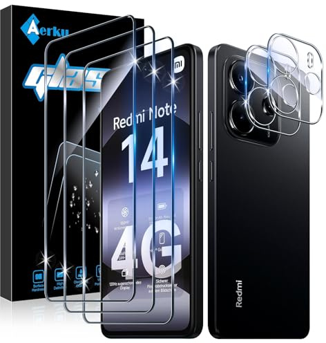 Aerku 3 Piezas Protector de Pantalla para Xiaomi Redmi Note 14 4G | con 2 Piezas Protector de Lente de Cámara, 0.33MM HD 9H Ultra Resistente Cristal Templado Vidrio Templado