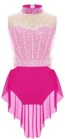 Manyakai Maillot con Falda Patinaje Artístico para Niña Body Ballet Malla Patinaje de sin Manga con Pedrería Brillante Maillot de Gimnasia Rítmica Rosa 13-14 años