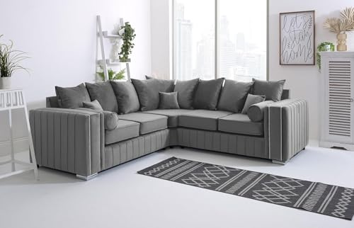 Sofahub Layla Grey Plush Velvet Corner Sofa | 5 Seater 2C2 Corner Sofa Grey Fabric | Large Upholstered Corner Sofa for Living Room | Foam Seat Cushions | Scatterback Cushions