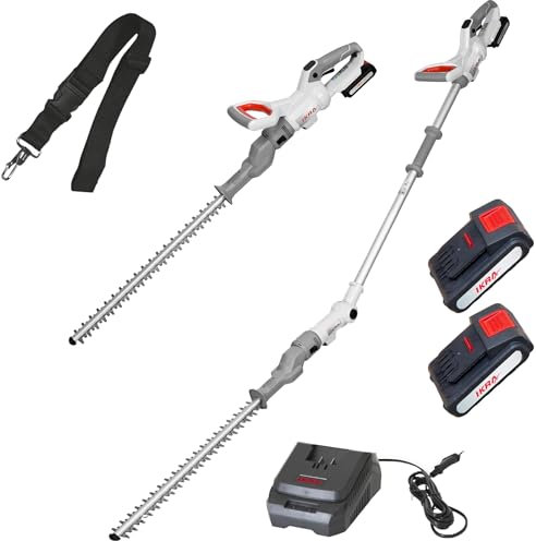 IKRA 2in1 Akku Heckenschere ICPH 2050 mit Teleskopstange für hohe Hecken, inkl. 2X Akku 20V, Schnellladestation & Schultergurt