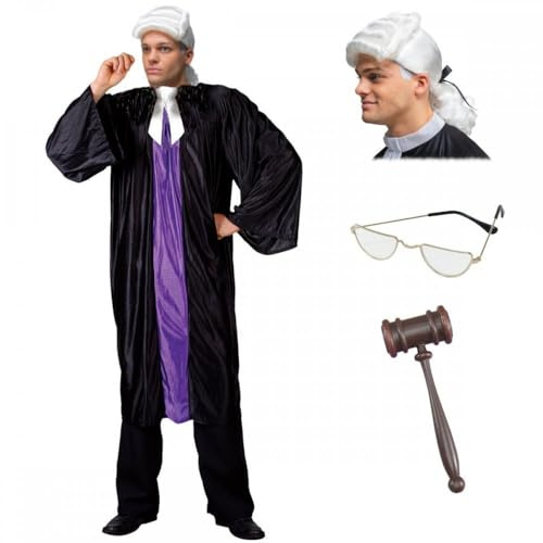 Adult High Court Judge Costume + Washington Wig + Optional Accessories include Gavel : Mens Womens Umpire Law Courtroom Legal Fancy Dress