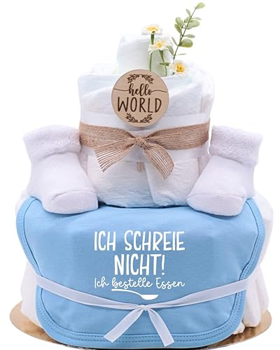 Trend Mama | Windeltorte | hellblau | Spruch wählbar | 27 Windeln (Größe 2), Baby Lätzchen, Kuschelsocken |Geschenk Geburt (Design| Ich schreie nicht- ich bestelle essen)