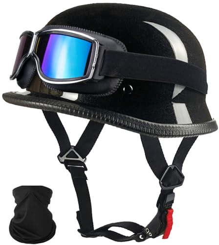 Vintage Motorcycle Helmet Half Shell German Motorcycle Helmet with Cycling Glasses DOT Approved Motorcycle Open Face Helmet,Light Skull Cap Helmet for Men Women Chopper Moped Scooter,M-XXL