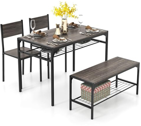 FANTASK Esszimmertisch Set 4-teilig, Küchentisch Industrie mit 2 Stühlen & 1 Bank & Regal, Esstisch für Küche Esszimmer (grau)