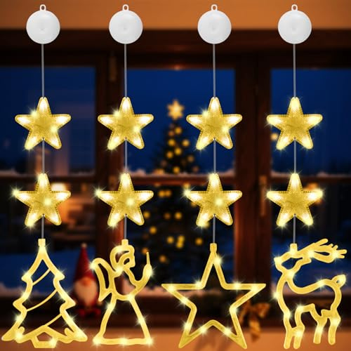 4 Pezzi Luci Natale Finestra, Natalizie Decorativa per Finestra a Ventosa a LED, Decorazioni Natalizie Luminose Batteria con Timer Auto, Stringa per Festa per Interno, Esterno (Modello 1)