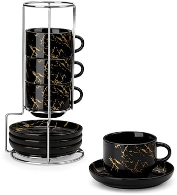 MALACASA 2.5 OZ Porcelain Espresso Cups with Saucers and Metal Stand Set of 4, Stackable Cappuccino Cups, Marble Black Expresso Shots Cup Set for Coffee Drinks, Latte, Tea