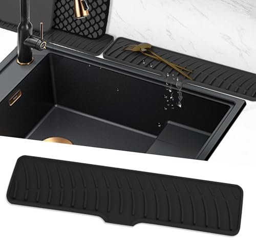 Muiltvoe Silicone Faucet Mat for Sink, Narrow Kitchen Sink Splash Guard, Faucet Handle Drip Catcher Tray, Draining Mat for Sink Protector, Tap Drain Mats for Kitchen Bathroom Counter (Black, 42 cm)
