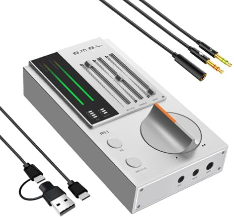 SMSL R1 DAC Amplificateur de Casque, DAC Amp de Bureau, Convertisseur Audio Numérique vers Analogique USB C pour Gaming PC PS5, Entrée Micro/USB/Optique/Coaxiale, Sortie 3,5mm/4,4mm/RCA, Argent