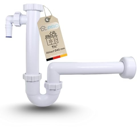 DL-pro Siphon Küchenspüle 1½ mit Geräteanschluss, Ø40 mm Ablauf, fester Rohr-Geruchsverschluss – integrierter Geruchsverschluss am Geräteabzweig mit Gummilippe, platzsparende Rohrführung