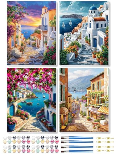 Jakener 4 Pack Paint by Numbers for Adults,Sea View Painting by Numbers for Adults Canvas Kits,Landscape Adult Paint by Numbers Kits with Frame,DIY Acrylic Oil Painting for Home Wall Decor 10x12 inch