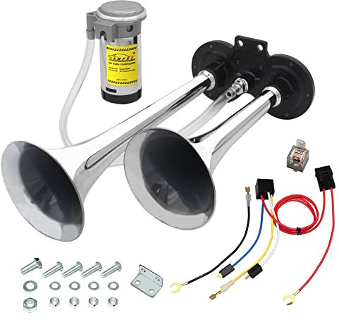 GAMPRO 12V 150db Air Horn, Chrome Zinc Dual Trumpet Air Horn with Compressor for Any 12V Vehicles Trucks Lorrys Trains Boats Cars Vans (silver)