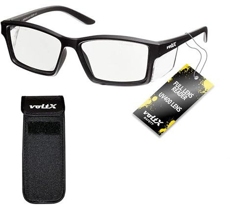 voltX 'VISION' säkerhetsläsare full lins förstorade läsning säkerhetsglasögon UKCA & CE EN166 fot certifierade (+3.0 dioptre, klar lins) med halvstyv expanderbar säkerhetspåse – anti-dimbelagd