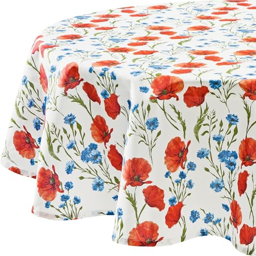 REDBEST Tischdecke 100% Baumwolle Mohnblume Größe rund: 160 cm Ø - Robustes, glattes Gewebe, Kornblume, Blumen (weitere Größen)