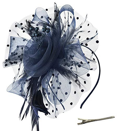 DRESHOW Fascinators Hut Blume Mesh Bänder Federn auf einem Stirnband und einem geteilten Clip Cocktail Tea Party Headwear für Mädchen und Frauen,Navy,Einheitsgröße