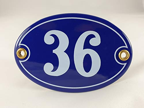 Emaille Hausnummer Schild Nr. 36, oval, Blau-Weiß Handarbeit