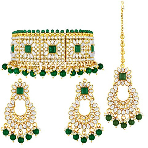 Aheli Bridal Kundan Faux Pearl Choker Necklace & Earrings Maang Tikka Indian Traditional Bollywood Fashion Bharatanatyam jewellery Set