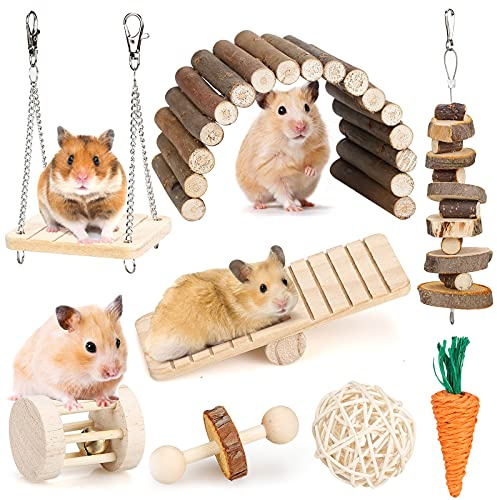 Hamster Chew Toys Set Small Animal Molar Toys Teeth Care Wooden Accessories for Guinea Pigs,Chinchillas,Gerbils,Mice,Rats,Mouse Rodents Toy Swing Seesaw Bridge (Wood)