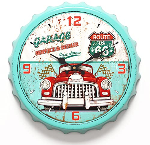 Menterry Bottle Cap Design Iron Retro Wall Clock, 13 inch Vintage Antique Style, Silent Battery Operated Decor Wall Clocks for Garage,Farmhouse,Office,Beer bar,Cafes,Kitchen,School (Green)