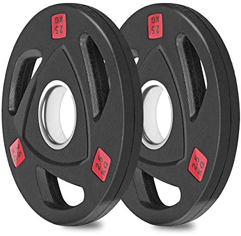 wuuhoo® olympische Hantelscheiben Ray 50mm, Langhantelgewicht 2er Set, Hantelscheibe gummiert mit Stahlkern und Griffen, beschichtet in Schwarz - Fitnessgerät für Zuhause, modernes Design 2 x 2,5 kg