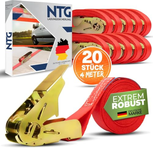 NTG Spanngurte mit Ratsche 800 kg 4 m 20 Stück - 25 mm TÜV GS Zertifiziert | Stabile wetterfeste Zurrgurte Ratschengurte nach DIN EN 12195-2 - Ladungssicherung für LKW Anhänger Transporter
