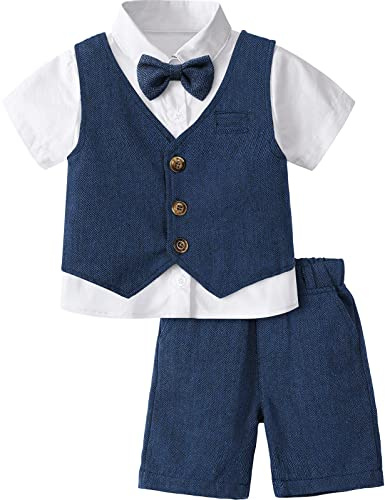 mintgreen Ensemble Bebe Garcon, Chevrons Tenue de Mariage Chemise & Gilet & Short, 1-6 ans