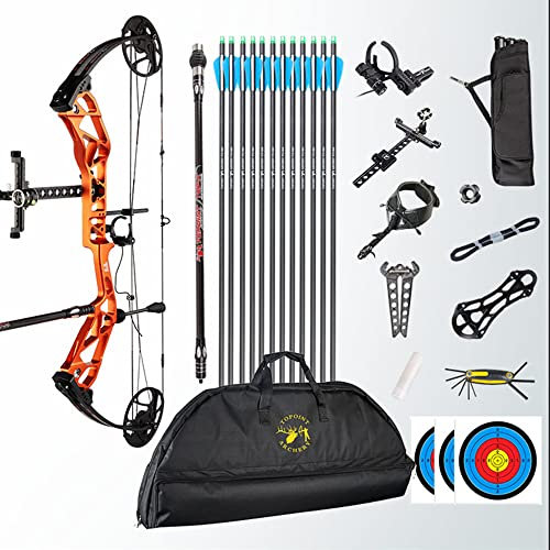 HNZMDY Bogenschießen Compound Bogen und Pfeil Kit 19-70Lbs Wettkampf Sport Jagdbogen 19-30 Auszugslänge 320fps Speed Compoundbögen mit Allem Zubehör für Erwachsene und Jugendliche (Orange)