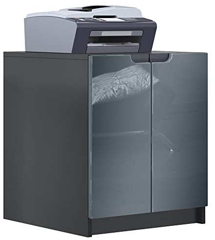 Vladon Druckerkommode Logan, Aktenschrank mit 2 Fächern und 2 Türen, Korpus in Schwarz matt, Fronten in Grau Hochglanz, (51 x 60,5 x 54 cm)