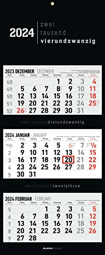 3-Monatskalender Black 2024 - Büro-Kalender 33x20 cm (geschlossen), 33x80 cm (geöffnet) - faltbar - mit Datumsschieber - Alpha Edition