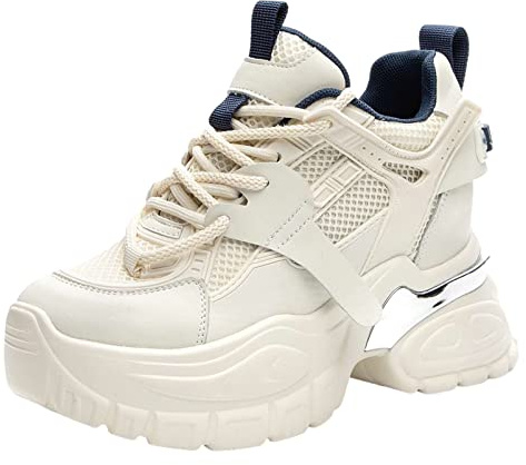 ANUFER Dam hög plattform tjocka träningsskor skor äkta läder kilklack sneakers, BEIgE, 36.5 EU
