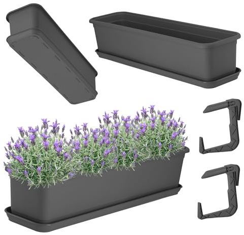 KADAX Jardinière 60 cm avec sous-plateau et support, Anthracite – Pot de fleurs pour balcon en plastique, Pot de plantation pour intérieur et extérieur, Pot de fleurs pour balcon
