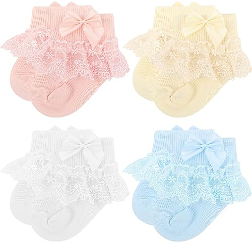 DRESHOW Chaussettes à nœud en Dentelle pour Bébé Chaussettes Habillées en Dentelle Froufroutante pour Nouveau-nés et Jeunes Filles, 12-24 mois, 4 Pairs Lace Socks Set-26