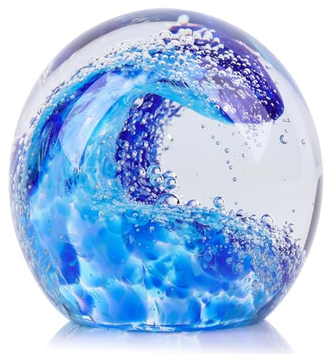 LCCCK Mundgeblasene Glaskugel aus Glas, Motiv: Ozeanwellen, Stranddekoration, Bürodekoration, blauer Briefbeschwerer, ideale Stranddekoration für Zuhause, Eignung, Meer, Villa, Aquarium