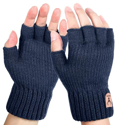 FCHUI Fingerless Gloves for Men - Winter Fingerless Knitted Gloves Thermal Fingerless Gloves Half Finger Gloves for Outdoor Working Running Cycling Sking (Navy Blue)