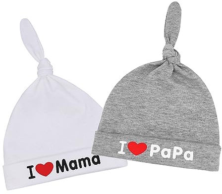 EQLEF Neugeborene Mütze - I Love Mama & Papa Hüte 0-3 Monate, Unisex Baumwolle Beanie, Geschenk für Babyparty, Weihnachten