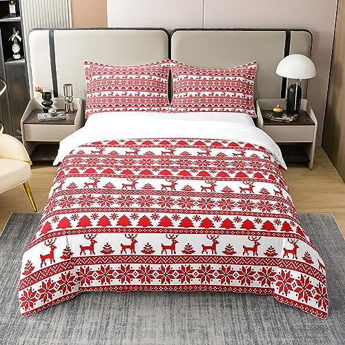 Hirsch 100% Baumwolle Bettbezug für Kinder Jungen Mädchen,Weihnachten Bettwäsche Set 155x220,Roter Elch Schneeflocke Tröster Bezug,Böhmen Wald Tier Silhouette Bett Sets mit 1 Kissenbezug