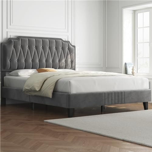 Yaheetech Letto con Testiera Imbottita 31 cm Altezza Regolabile 140 x 200 cm Telaio con Rete a Doghe in Legno e Metallo Grigio Scuro
