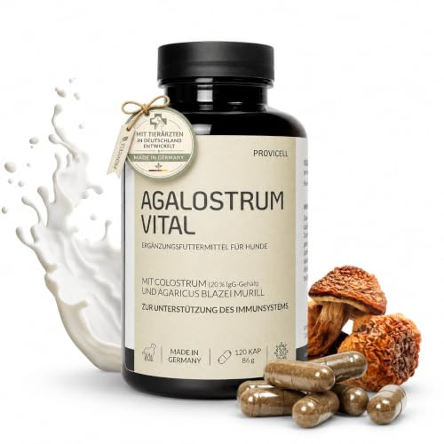 Provicell Agalostrum Vital für Hunde - Colostrum Kapseln für Hunde – 120 Kapseln – Mit Colostrum (20% IgG) & Mandelpilz – Zur Unterstützung des Wohlbefindens & Abwehrkräfte - Made in Germany