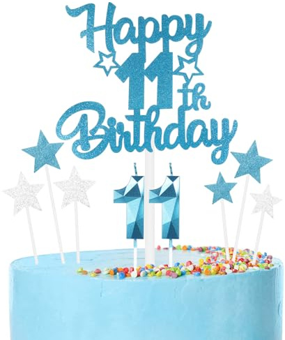 mciskin Happy 11th Birthday Candles Cake Toppers Set, Blue Number 11 Candle for Birthday Cake, Birthday Candles Cake Toppers for Girls Boys Birthday Decorations, Blue Silver Star Cake Cupcake Toppers