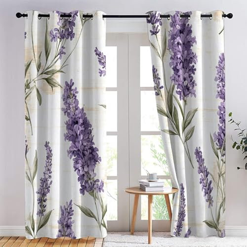 Lavender Floral Blackout Curtains for Bedroom living Room, Purple Flower Curtains 66x54, 54 Inch Drop Curtains 2 Panels Set, Thermal Eyelet Drapes Decorative Patterned Window Treatments (Qt-&45)