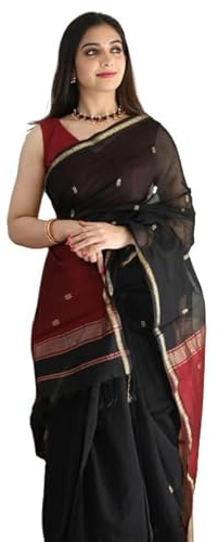 Jaanvi fashion Women's Cotton Blend Saree With Zari Work & Unstitched Blouse Piece (floryca-black)