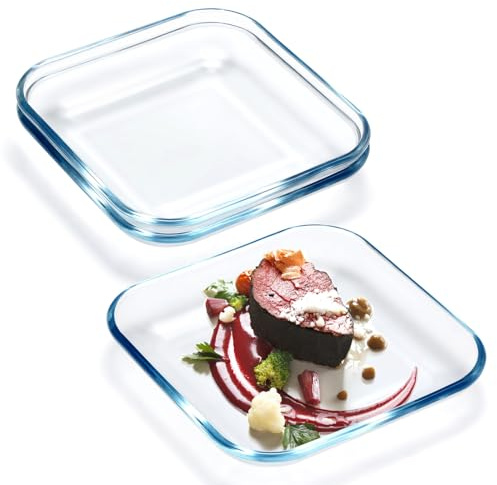 NUTRIUPS 3 Pack 8 Inch Square Dessert Plates - with Lipped Edge, Small Clear Tempered Glass Appetizer Plate Set For Kitchen, Dinnerware Dish Set, Dishwasher & Microwave Safe