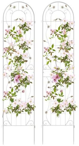 COSTWAY Rankgitter Metall, 2er Set, dekorativer Gartenzaun, freistehende Rankhilfe, Spalier Garten zum Stecken, Rankspalier für Kletterpflanzen Blume Gurke (220 x 50 cm, Weiß)