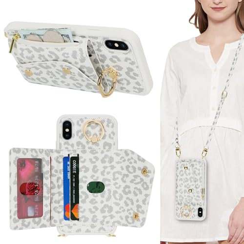 Lipvina Hülle für iPhone X/XS Hülle mit Band Kartenhalter handyhülle Hülle für iPhone X/XS mit Reißverschluss Band Ring Ständer Case für Frauen - Weiße Leoparden
