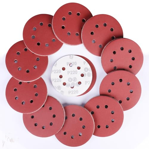 Sruhrak 100 Pcs Sanding Discs, 125mm Sanding Pads Set Hook and Loop 220 Grits Sandpaper for Random Orbital Sander