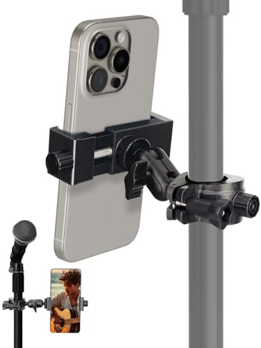 Mic Stand Phone Holder, Phone Holder Mount for Microphone Stand, Music Stand, Guitar Drums, Phone Clamp for iPhone 15 14 13 12 11 Plus Pro Max Mini Samsung Galaxy S24 S23 Ultra Google Pixel 8 7