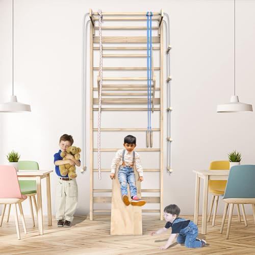 MIDUOLAI Indoor-Spielplatz Aus Holz, Klettergerüst Mit Rutschen, Kletterwand, Klimmzugstange Für Kleinkinder, Leiterwand-Turnwand, Für Jungen Und Mädchen Als Geschenk,Log