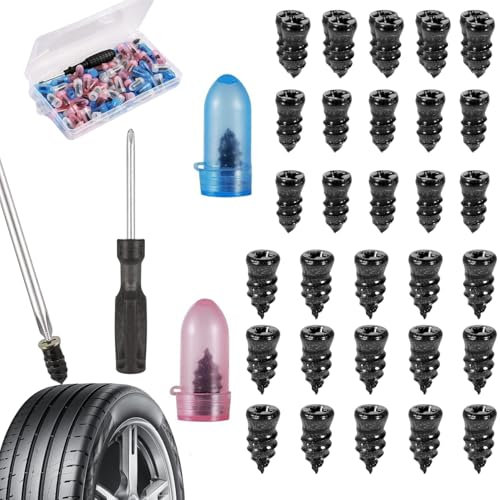 30 Pièces Kit de Réparation de Pneus Voiture, Clou de Réparation de Pneu sous Vide, Clou en Caoutchouc de Réparation de Pneu avec Tournevis, Kit de Réparation de Pneus Moto pour Voiture, Voiture, SUV,
