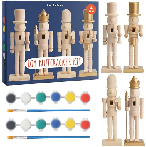 THE TWIDDLERS - 4 Soldats de Casse-Noisette en Bois à Peindre soi-même, 18cm - Kit Artisanal de première qualité, Ornements Traditionnels en Bois de pin, décorations de Noël DIY avec pièces Mobiles