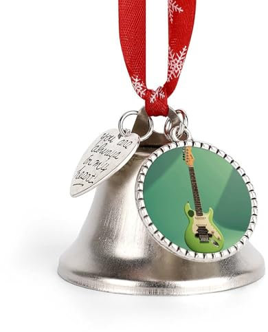 Weihnachtsglocke Musik Grün Gitarre Jingle Bell mit Liebe Anhänger Weihnachten Ornament Metall Vintage Glocken mit rotem Seil Weihnachtsbaum Hängend für Urlaub Party Dekoration